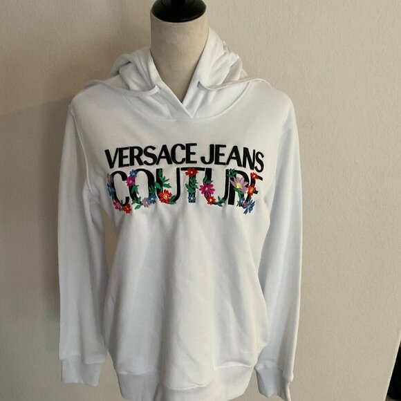 Versace Jeans Collection Tops - Versace Jeans Couture White Floral Logo Hoodie Medium